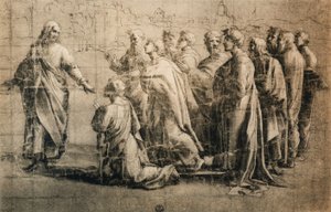 聖ペテロに鍵を与えるキリスト。ラファエルの学校から描画。描画と版画のキャビネット、ウフィツィ、フィレンツェ
